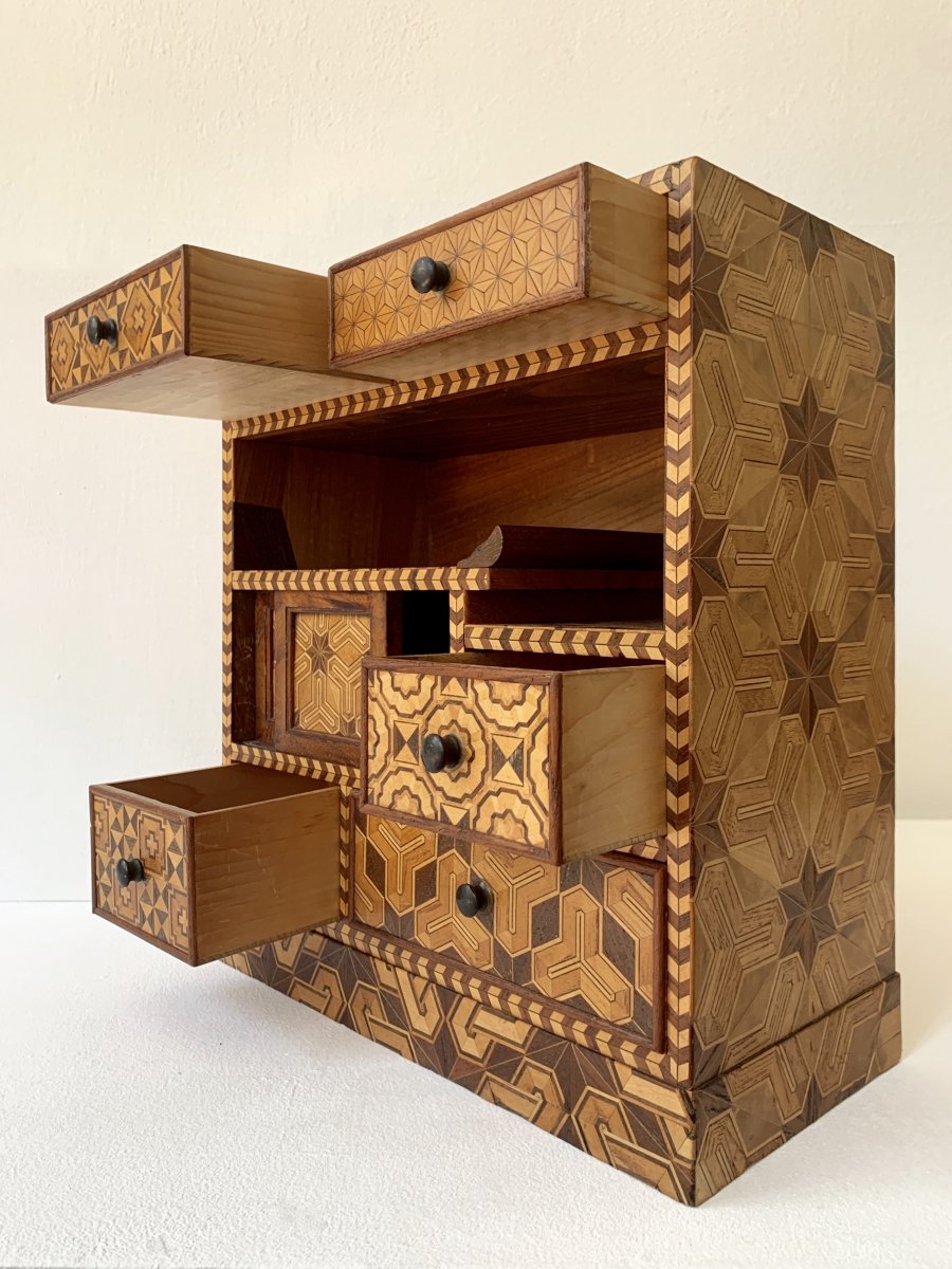 Japanese Miniature Tansu Cabinet with Yosegi Marquetry Inlay